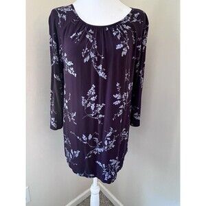 J. Jill Wearever Dark Purple Ballet Neck Floral Print 3/4 Sleeve Tunic Size SP